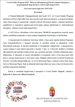 Csóri Sándor Program 2025 - Sóza tánccsoport fejlesztése