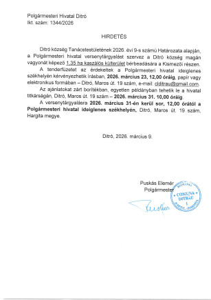 Hirdetés - 1,35 Ha kaszálós terület  bérbeadásáról