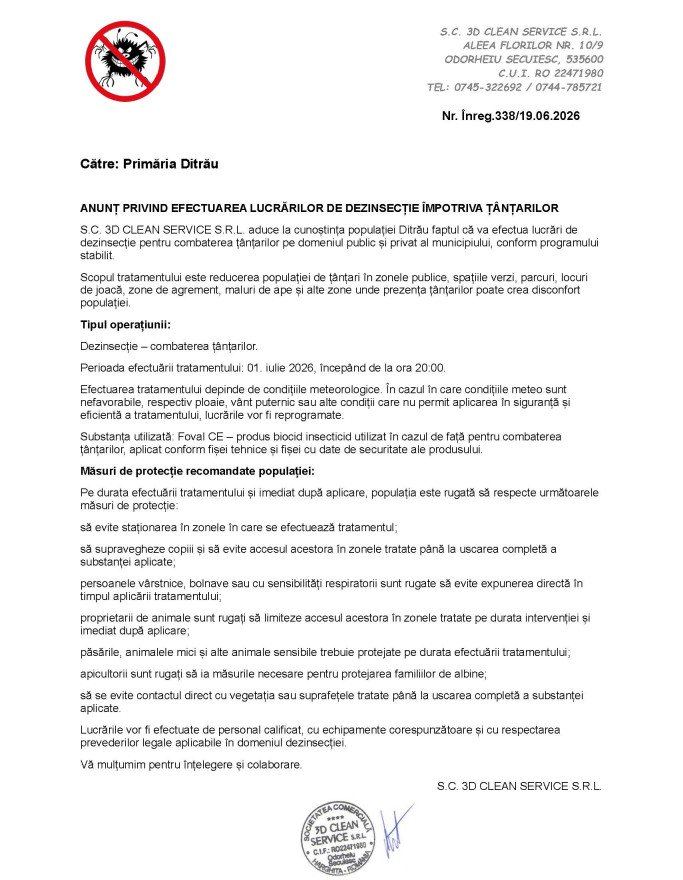 ANUNȚ PRIVIND EFECTUAREA LUCRĂRILOR DE DEZINSECȚIE ÎMPOTRIVA ȚÂNȚARILOR +