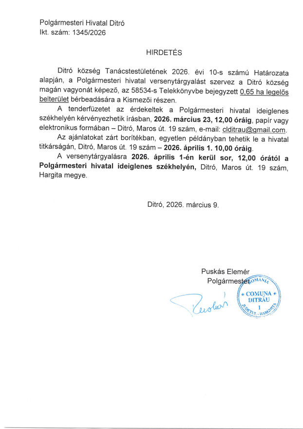 Hirdetés 0,65 Ha legelős terület bérbeadásáról