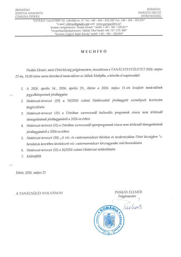 Meghívó tanácsűlésre 2026. május 27.